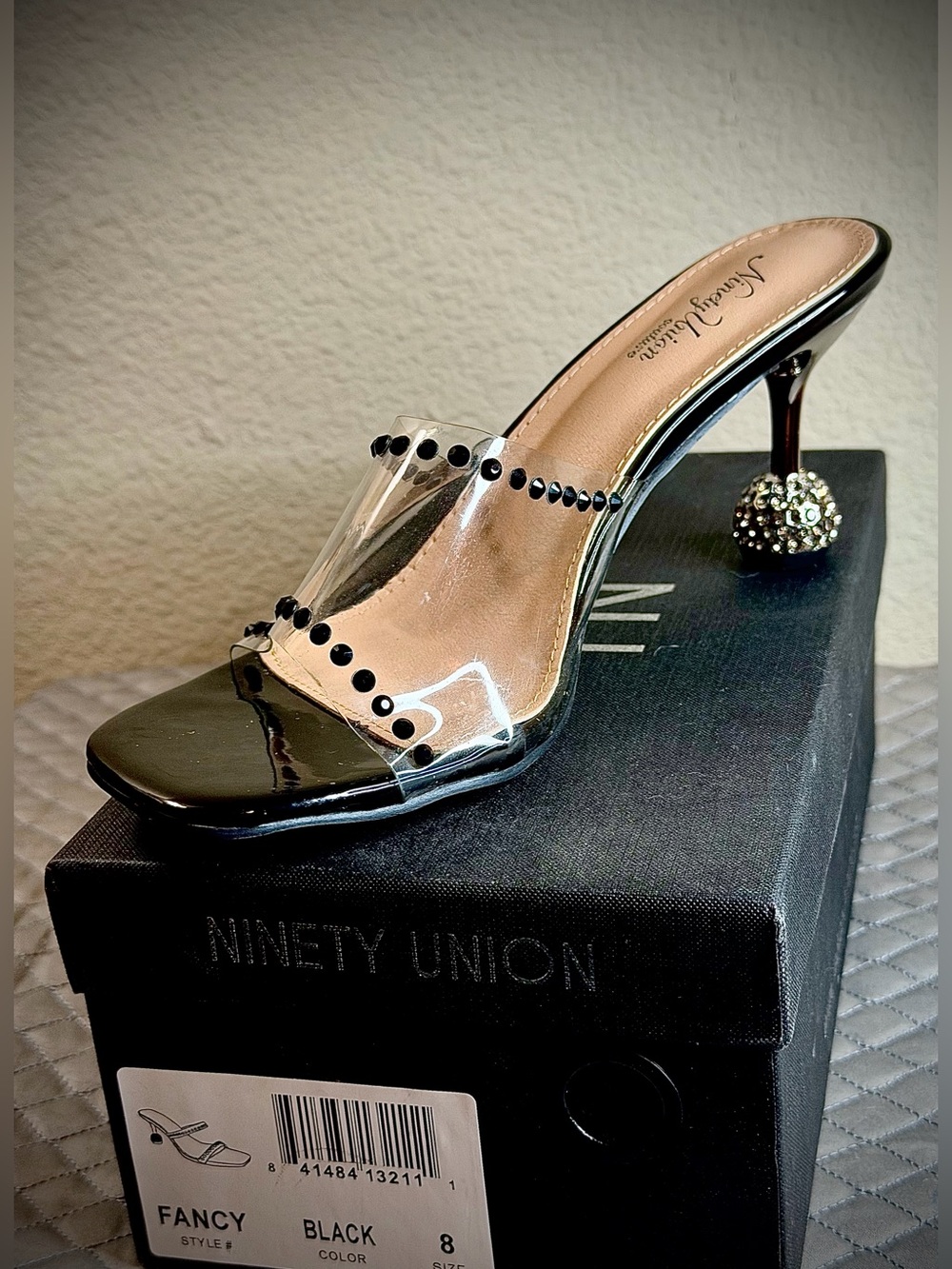 Black Patent Jeweled Ball-Heel Slide